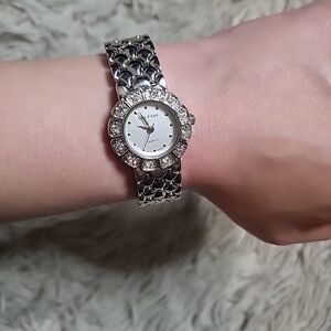 Cote D'Azur Womens Watch Silver Tone Bracelet Band Analog Watch Rhinestones